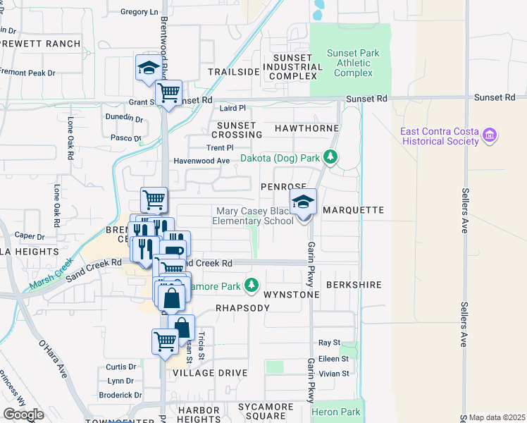 map of restaurants, bars, coffee shops, grocery stores, and more near 490 Stratford Court in Brentwood