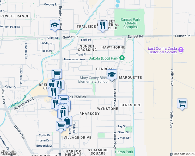 map of restaurants, bars, coffee shops, grocery stores, and more near 490 Stratford Court in Brentwood