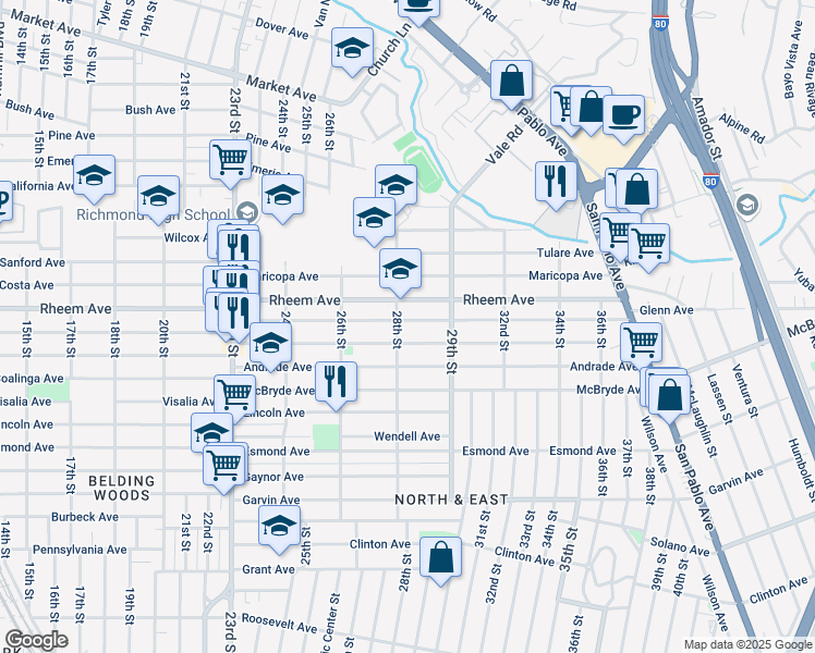 map of restaurants, bars, coffee shops, grocery stores, and more near 2814 Lowell Avenue in Richmond