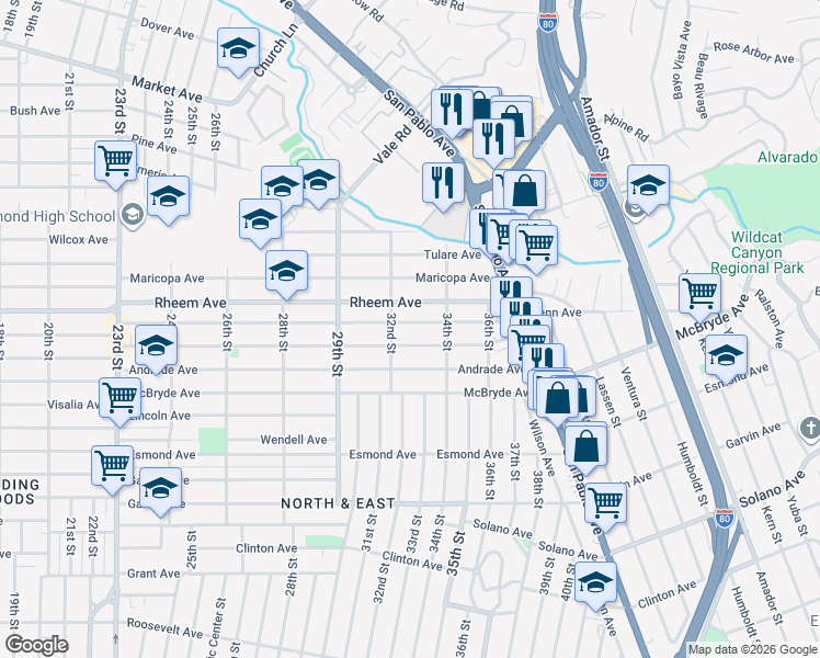 map of restaurants, bars, coffee shops, grocery stores, and more near 3226 Lowell Avenue in Richmond