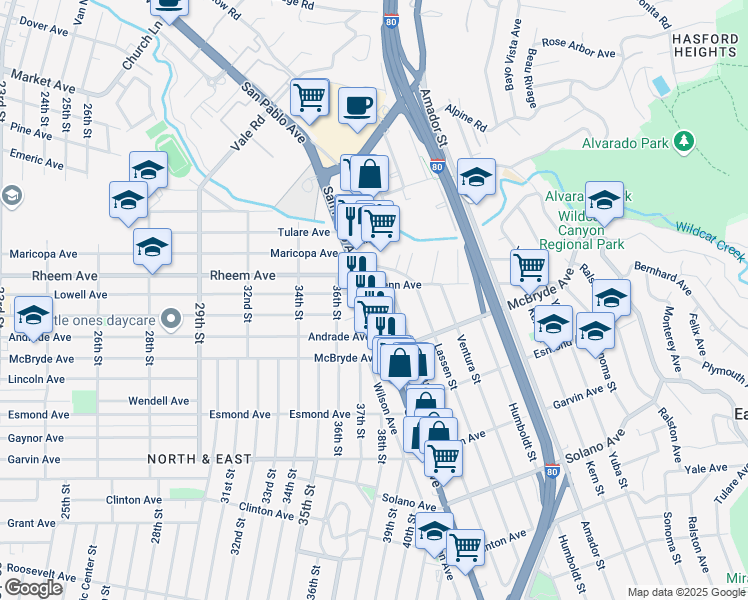map of restaurants, bars, coffee shops, grocery stores, and more near 12952 San Pablo Avenue in Richmond