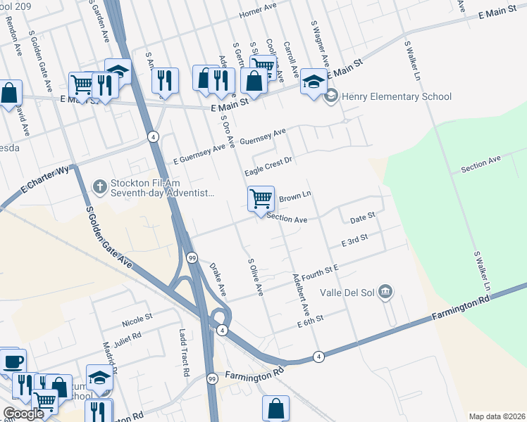 map of restaurants, bars, coffee shops, grocery stores, and more near 4115 Section Avenue in Stockton