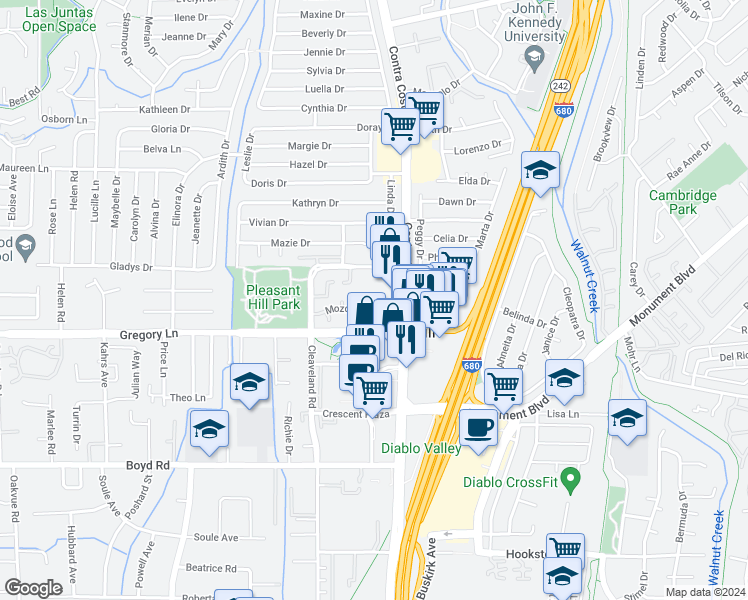 map of restaurants, bars, coffee shops, grocery stores, and more near 87 Mozden Lane in Pleasant Hill