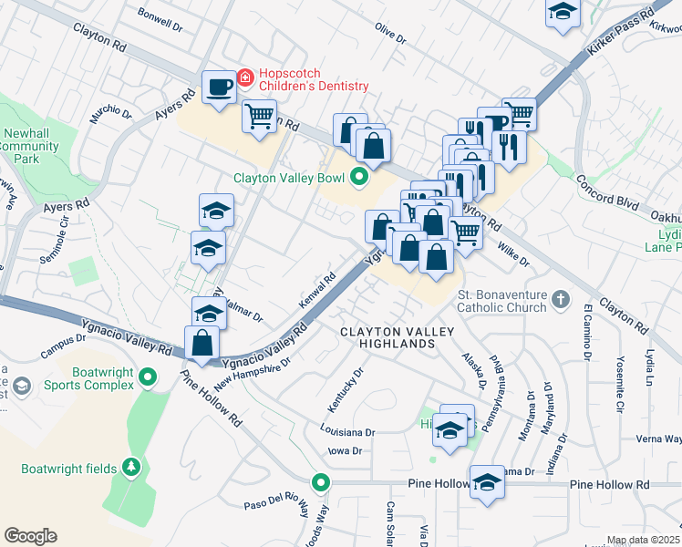 map of restaurants, bars, coffee shops, grocery stores, and more near 1320 Kenwal Road in Concord