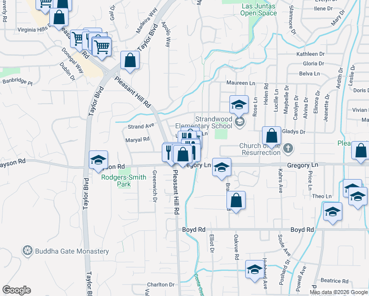 map of restaurants, bars, coffee shops, grocery stores, and more near 2420 Pleasant Hill Road in Pleasant Hill