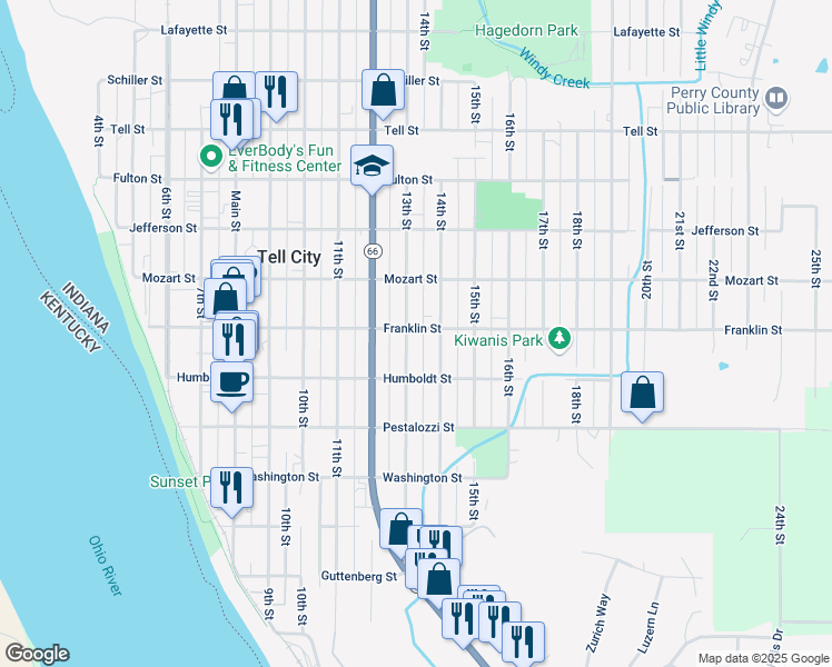 map of restaurants, bars, coffee shops, grocery stores, and more near 500-598 13th Street in Tell City
