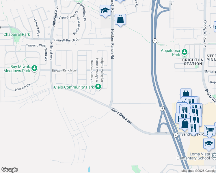 map of restaurants, bars, coffee shops, grocery stores, and more near 2702 Heidorn Ranch Road in Brentwood