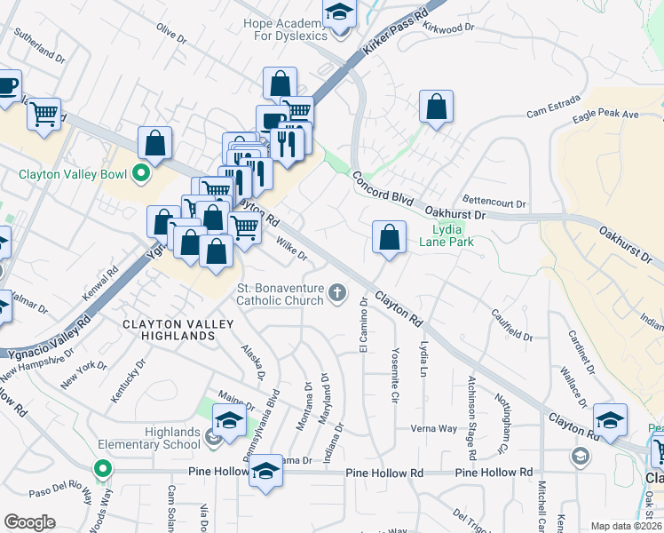 map of restaurants, bars, coffee shops, grocery stores, and more near 5552 Clayton Road in Concord