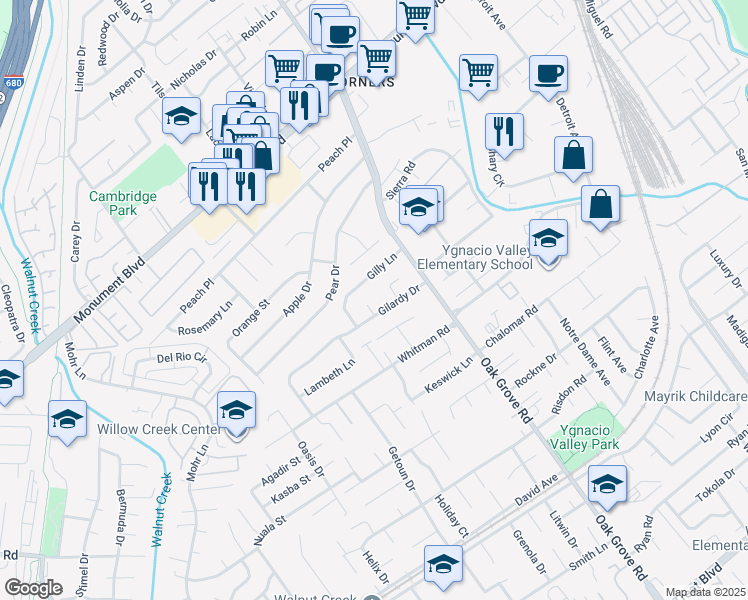 map of restaurants, bars, coffee shops, grocery stores, and more near 1910 Gilardy Drive in Concord