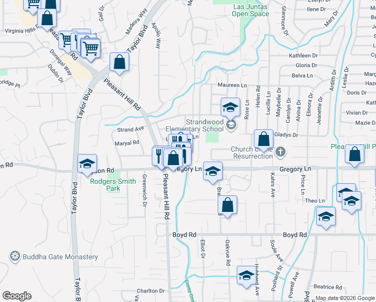 map of restaurants, bars, coffee shops, grocery stores, and more near 609 Gregory Lane in Pleasant Hill