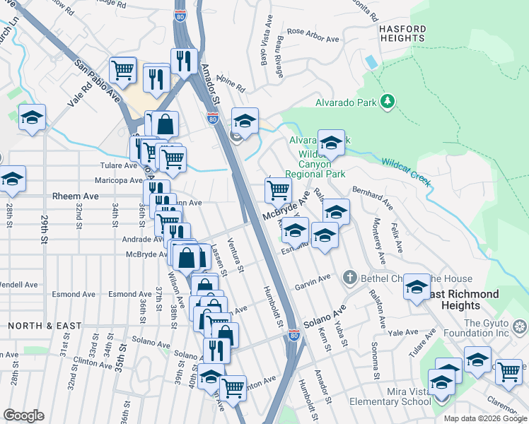 map of restaurants, bars, coffee shops, grocery stores, and more near 977 Kern Street in Richmond