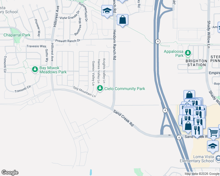 map of restaurants, bars, coffee shops, grocery stores, and more near 2702 Heidorn Ranch Road in Brentwood