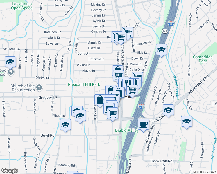 map of restaurants, bars, coffee shops, grocery stores, and more near 58 Mozden Lane in Pleasant Hill