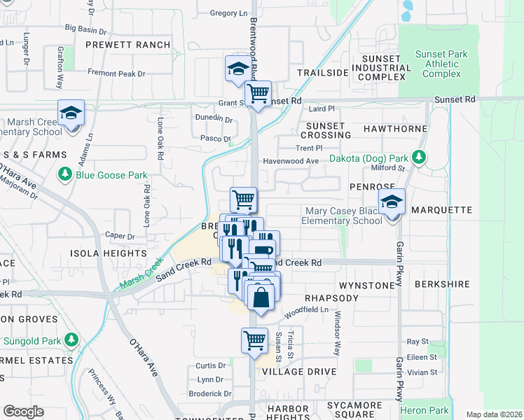 map of restaurants, bars, coffee shops, grocery stores, and more near 1535 Silver Creek Drive in Brentwood