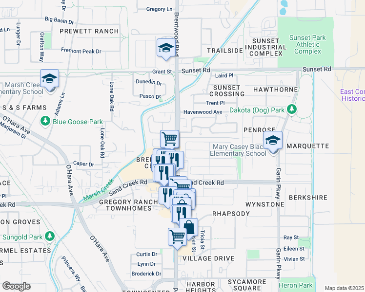 map of restaurants, bars, coffee shops, grocery stores, and more near 1535 Silver Creek Drive in Brentwood