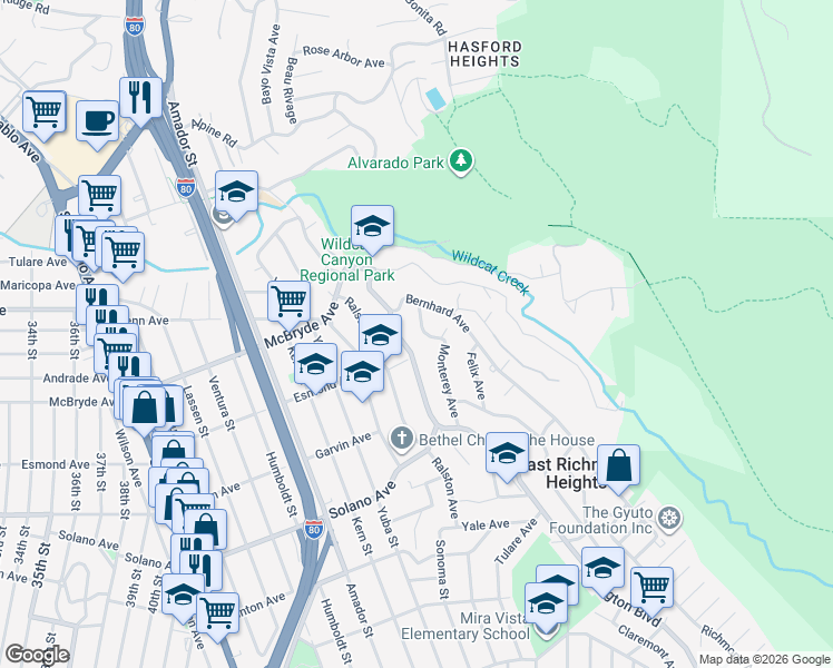 map of restaurants, bars, coffee shops, grocery stores, and more near 5950 Monterey Avenue in Richmond