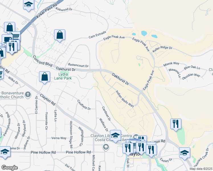 map of restaurants, bars, coffee shops, grocery stores, and more near 1760 Indian Wells Way in Clayton