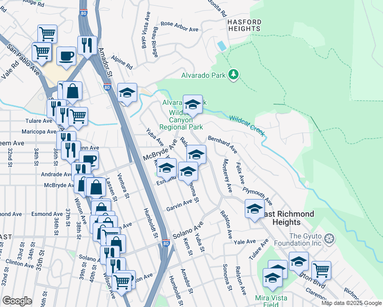 map of restaurants, bars, coffee shops, grocery stores, and more near 5800 Bernhard Avenue in Richmond