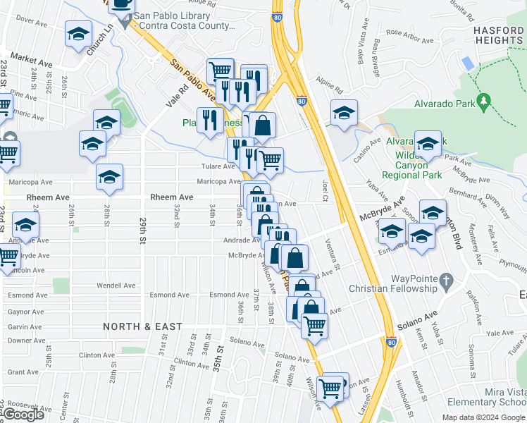 map of restaurants, bars, coffee shops, grocery stores, and more near 12978 San Pablo Avenue in Richmond
