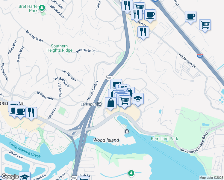map of restaurants, bars, coffee shops, grocery stores, and more near 700 Larkspur Landing Cir in Larkspur