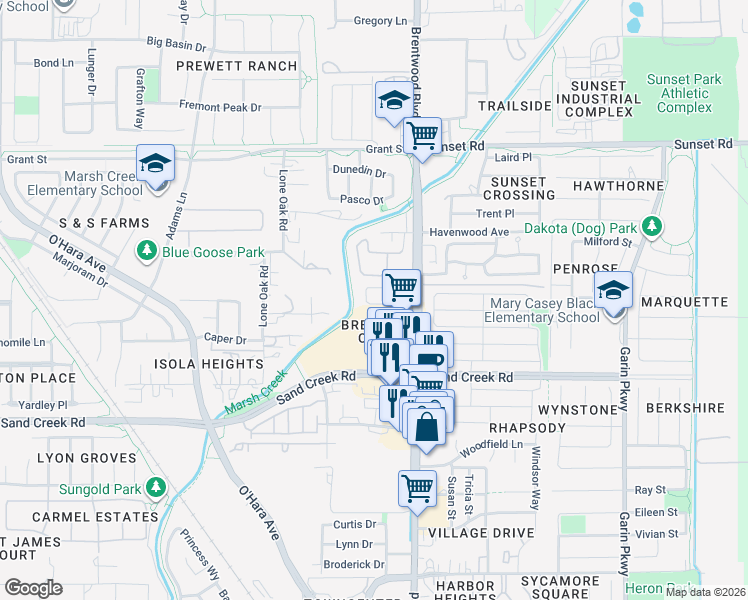 map of restaurants, bars, coffee shops, grocery stores, and more near 101 Sand Creek Road in Brentwood