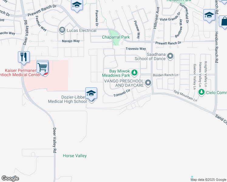 map of restaurants, bars, coffee shops, grocery stores, and more near 4900 Sand Creek Road in Antioch