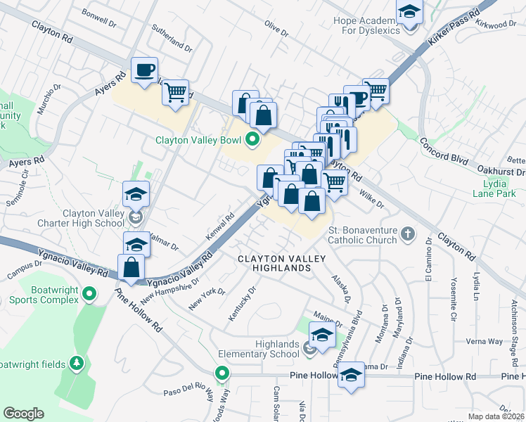 map of restaurants, bars, coffee shops, grocery stores, and more near 5474 Roundtree Place in Concord