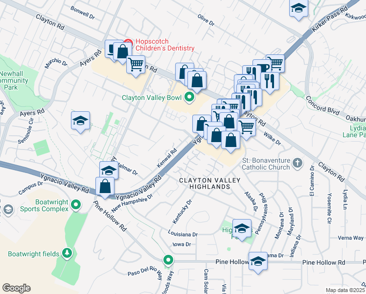 map of restaurants, bars, coffee shops, grocery stores, and more near 1320 Kenwal Road in Concord