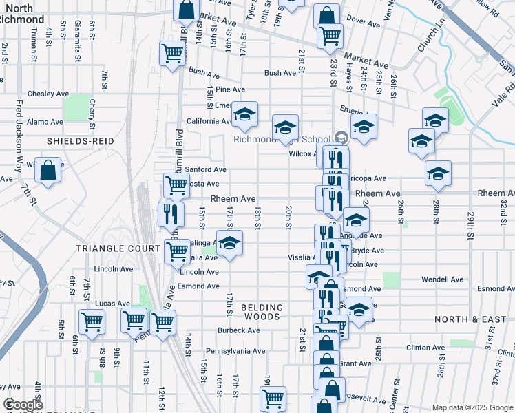 map of restaurants, bars, coffee shops, grocery stores, and more near 1801 Hellings Avenue in Richmond