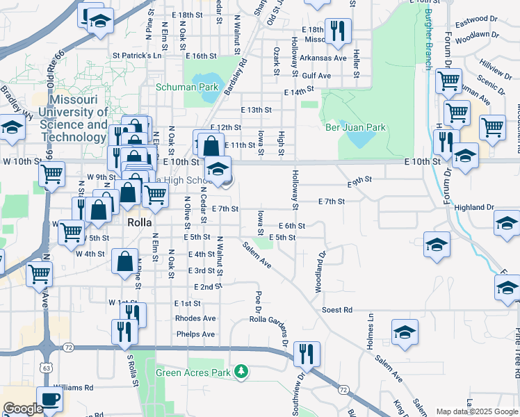 map of restaurants, bars, coffee shops, grocery stores, and more near 701 East 6th Street in Rolla