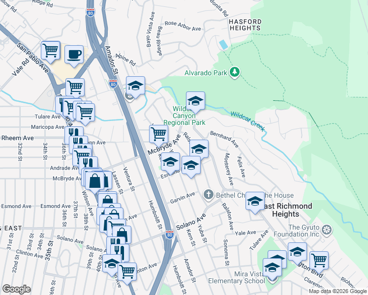 map of restaurants, bars, coffee shops, grocery stores, and more near 946 Sonoma Street in Richmond