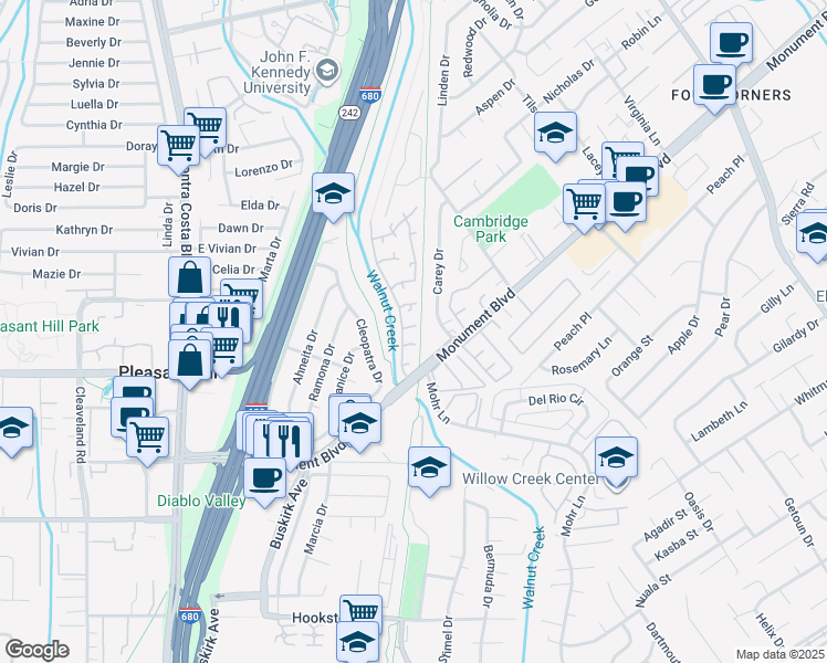 map of restaurants, bars, coffee shops, grocery stores, and more near 1201 Monument Boulevard in Concord