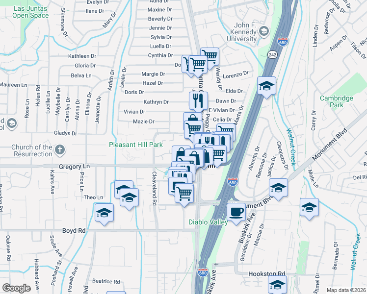 map of restaurants, bars, coffee shops, grocery stores, and more near in Pleasant Hill