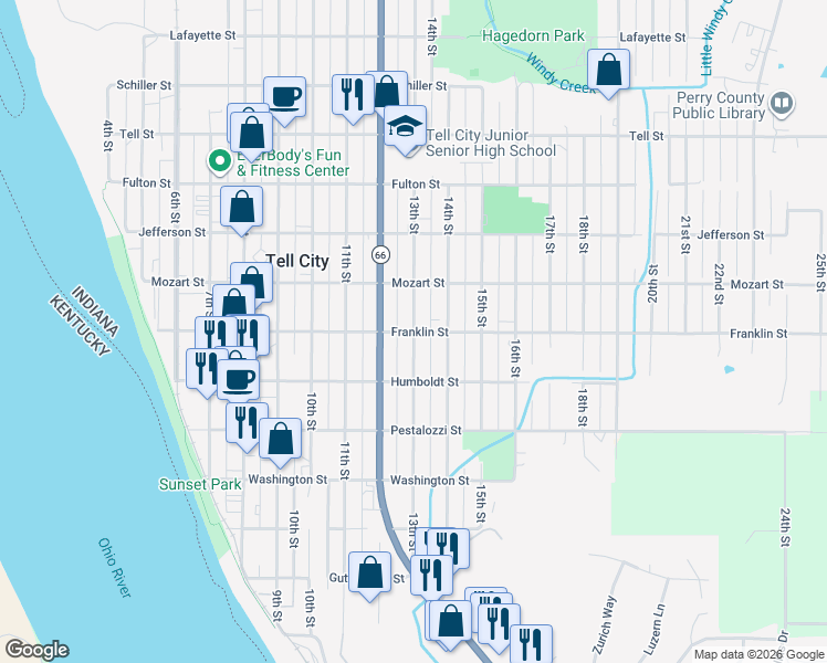 map of restaurants, bars, coffee shops, grocery stores, and more near 600 13th Street in Tell City