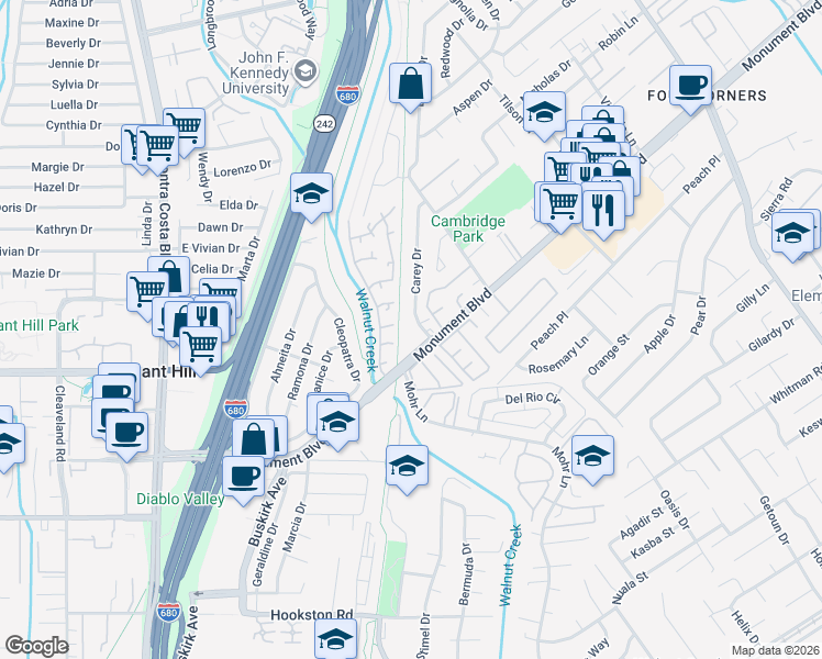 map of restaurants, bars, coffee shops, grocery stores, and more near 1113 Carey Drive in Concord