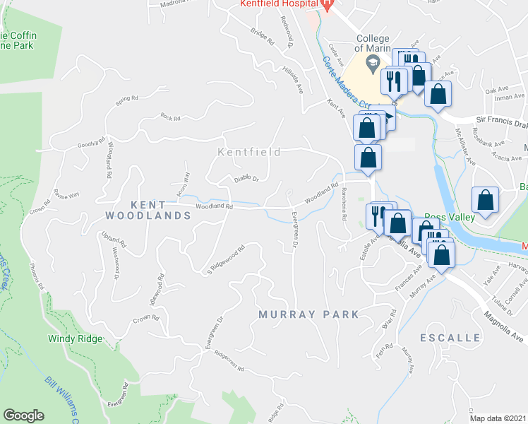 map of restaurants, bars, coffee shops, grocery stores, and more near 215 Woodland Road in Kentfield