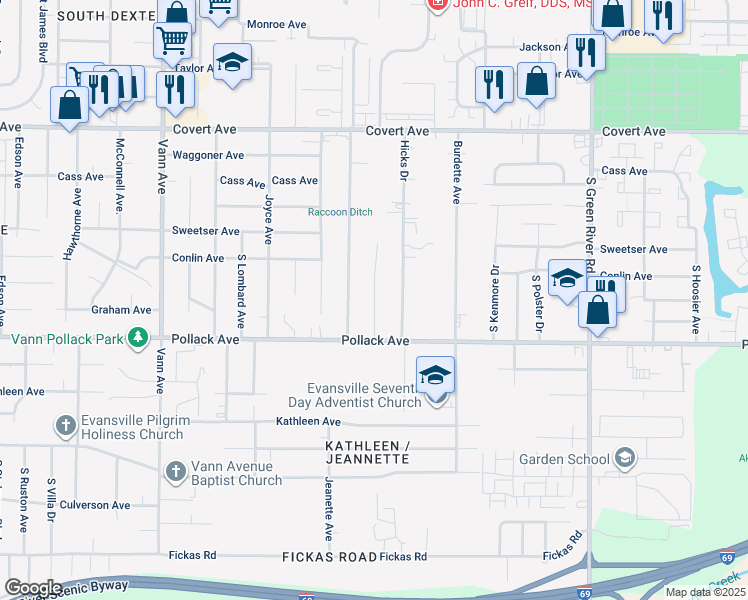 map of restaurants, bars, coffee shops, grocery stores, and more near 1928 Elmendorf Avenue in Evansville