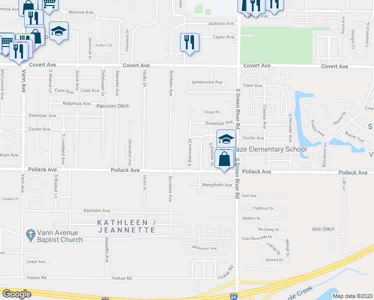 map of restaurants, bars, coffee shops, grocery stores, and more near 1931 South Kenmore Drive in Evansville