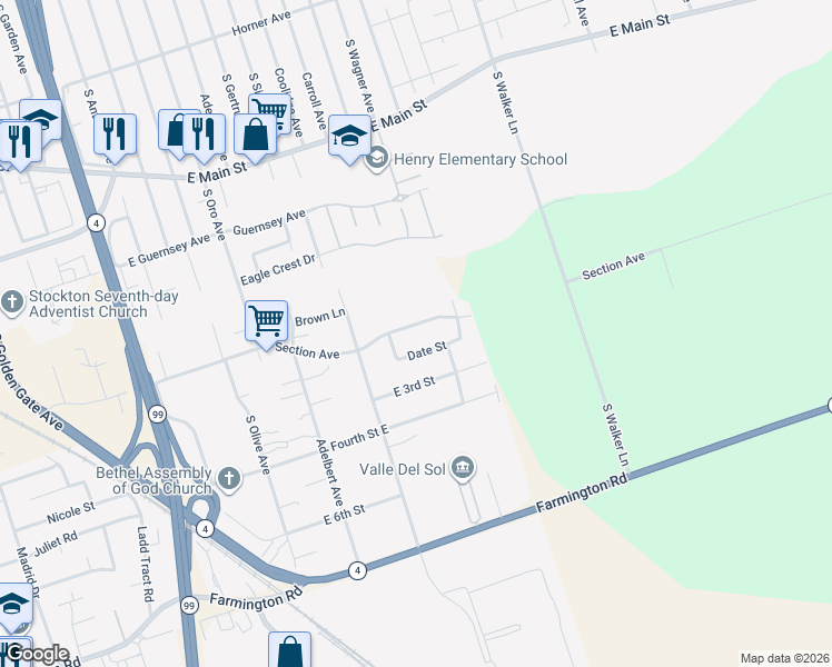map of restaurants, bars, coffee shops, grocery stores, and more near 4749 Section Avenue in Stockton
