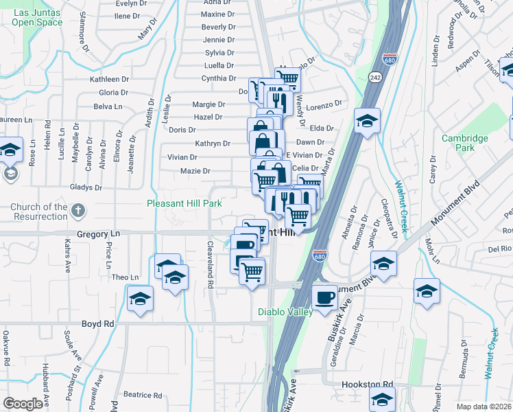 map of restaurants, bars, coffee shops, grocery stores, and more near 95 Mozden Lane in Pleasant Hill