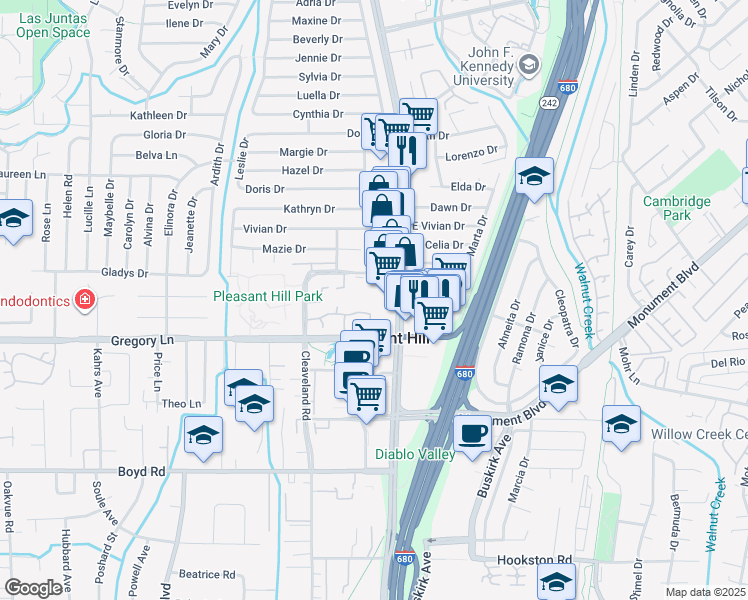 map of restaurants, bars, coffee shops, grocery stores, and more near 95 Mozden Lane in Pleasant Hill