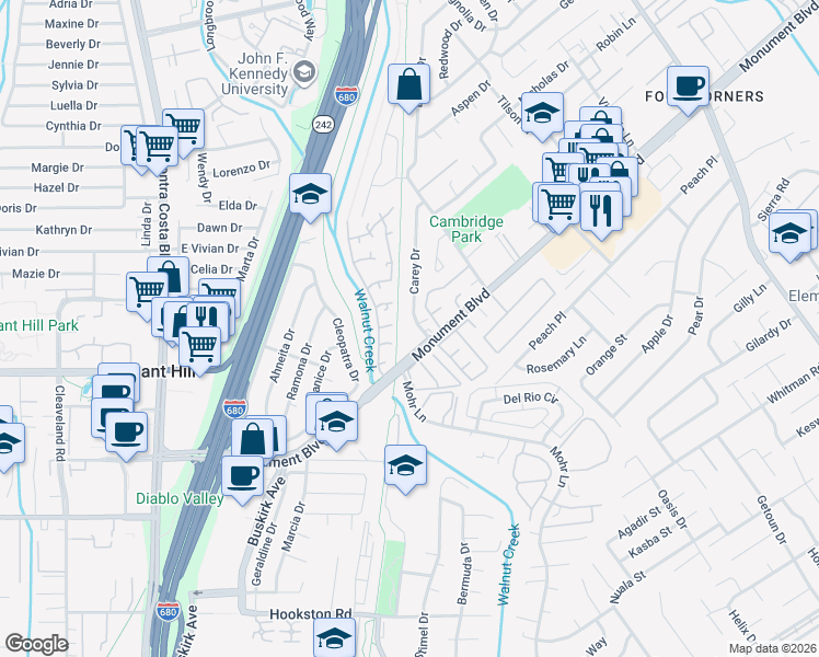 map of restaurants, bars, coffee shops, grocery stores, and more near 1113 Carey Drive in Concord