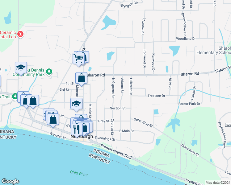 map of restaurants, bars, coffee shops, grocery stores, and more near 715 North Cypress Street in Newburgh