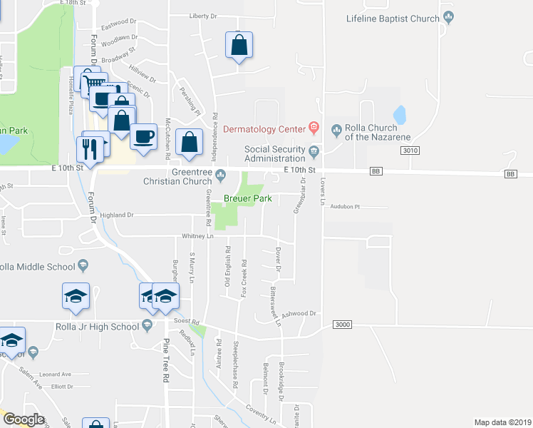 map of restaurants, bars, coffee shops, grocery stores, and more near 808 Wakefield Drive in Rolla