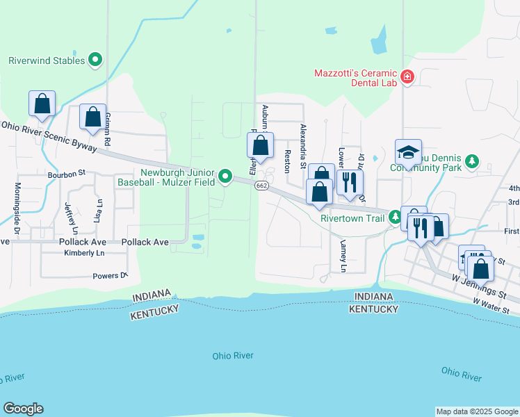 map of restaurants, bars, coffee shops, grocery stores, and more near 1204 Indiana 662 in Newburgh