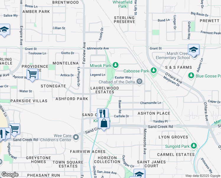 map of restaurants, bars, coffee shops, grocery stores, and more near 1330 Panwood Court in Brentwood