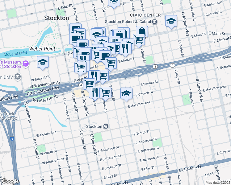 map of restaurants, bars, coffee shops, grocery stores, and more near 341 California Street in Stockton