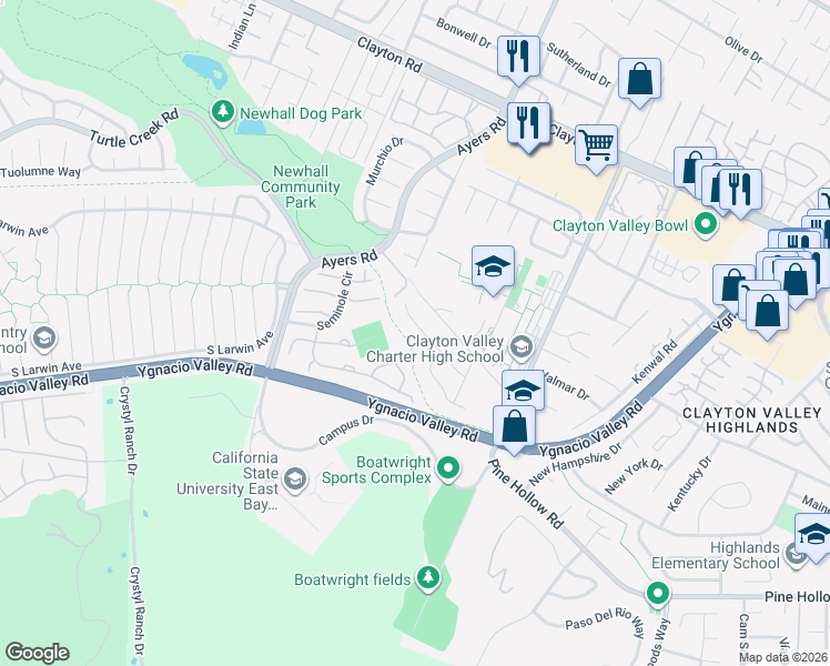 map of restaurants, bars, coffee shops, grocery stores, and more near 5079 Black Oak Road in Concord