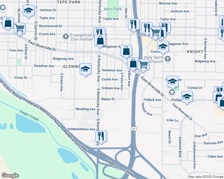 map of restaurants, bars, coffee shops, grocery stores, and more near 1909 South Kerth Avenue in Evansville