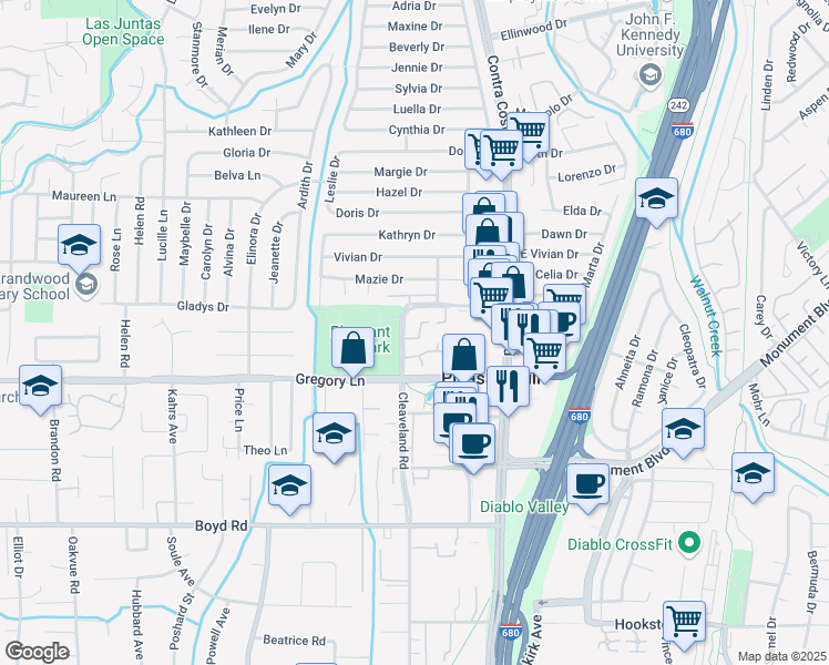 map of restaurants, bars, coffee shops, grocery stores, and more near 6 Bud Court in Pleasant Hill